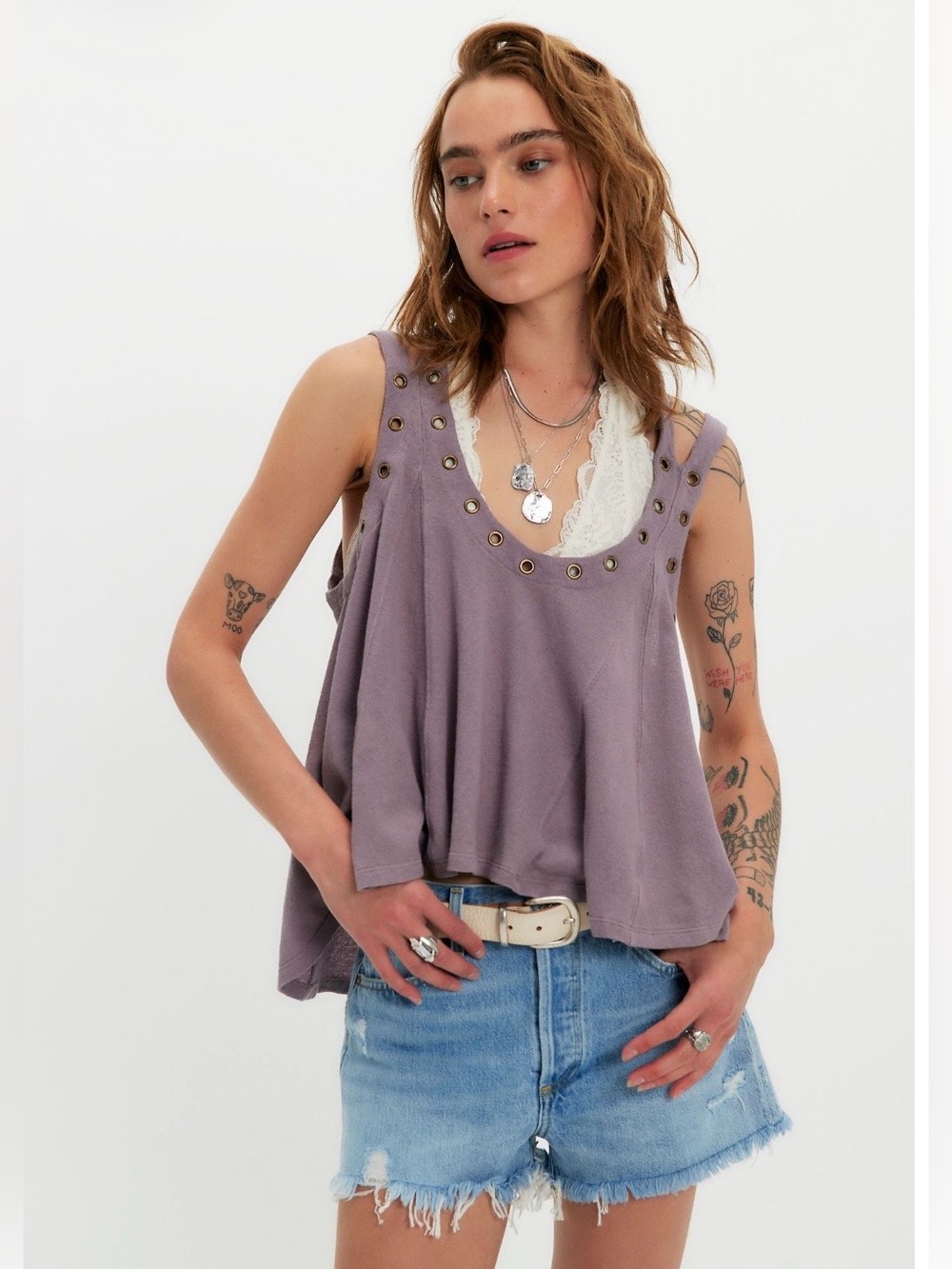 Free People Cleo Grommet Tank Purple Dove 💯 Cotton NWT